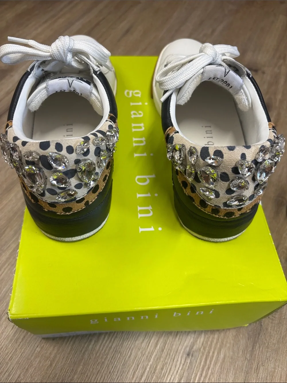 Gianni Bini White Leather Sneakers with Black Heel & Brown Sole